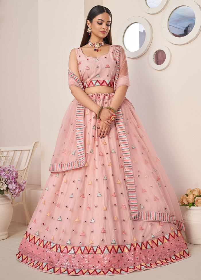 3 Pc Pink Net Semi Stitched Lehenga Set - Indian Silk House Agencies