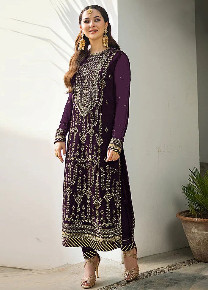 3 Pc Purple Semi Stitched Georgette Suit Set - Indian Silk House Agencies