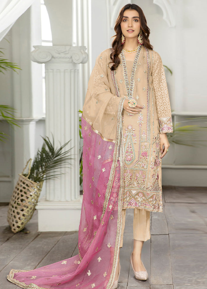3 Pc Beige Semi Stitched Net Suit Set - Indian Silk House Agencies