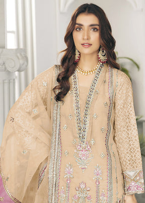 3 Pc Beige Semi Stitched Net Suit Set - Indian Silk House Agencies