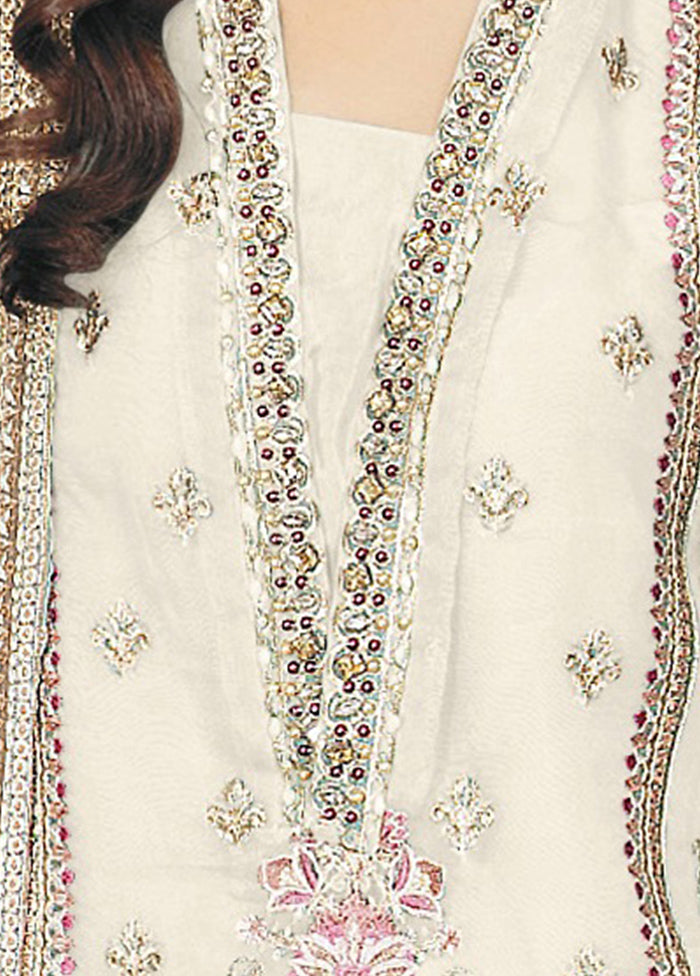 3 Pc Cream Semi Stitched Net Suit Set - Indian Silk House Agencies