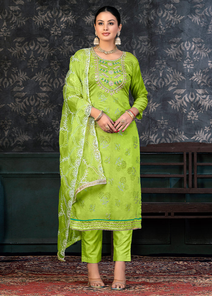 3 Pc Lime Green Semi Stitched Organza Suit Set - Indian Silk House Agencies