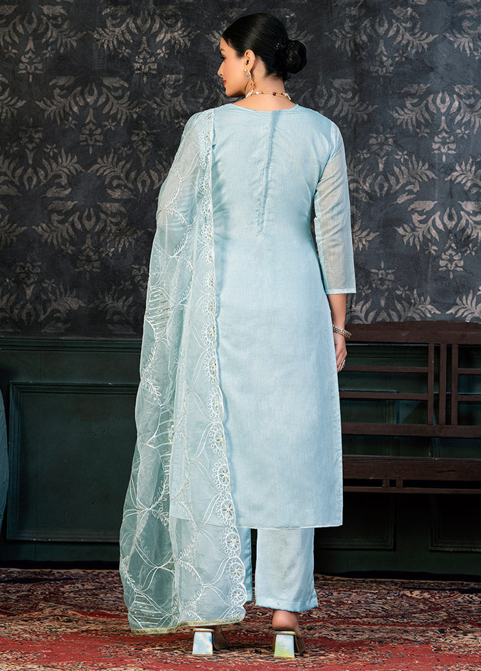 3 Pc Sky Blue Semi Stitched Organza Suit Set - Indian Silk House Agencies