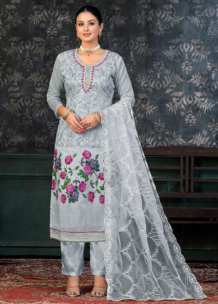 3 Pc Grey Semi Stitched Organza Suit Set - Indian Silk House Agencies