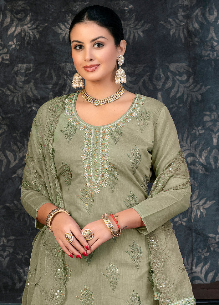 3 Pc Olive Green Semi Stitched Organza Suit Set - Indian Silk House Agencies