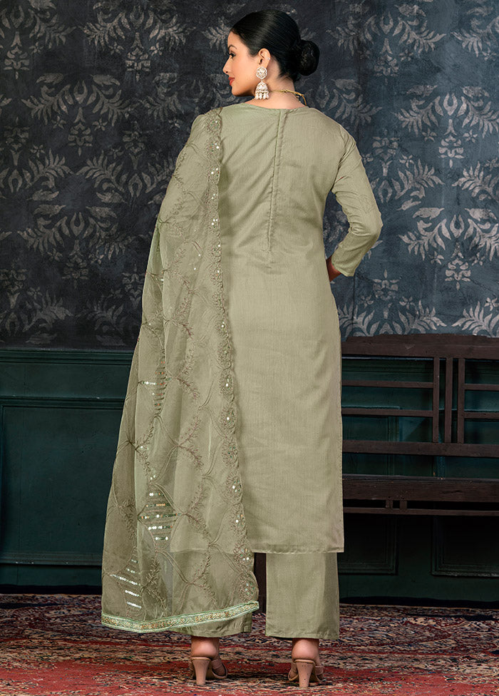 3 Pc Olive Green Semi Stitched Organza Suit Set - Indian Silk House Agencies