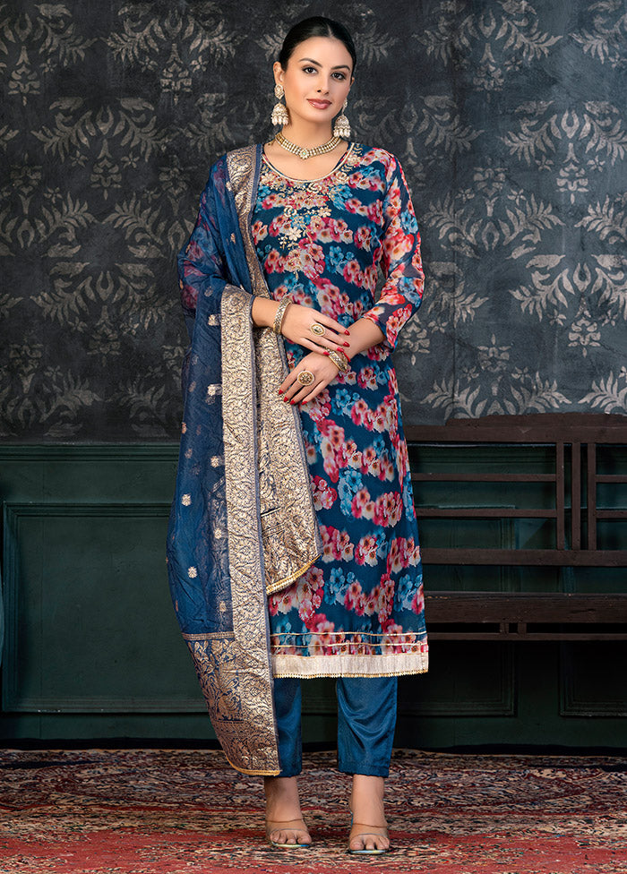 3 Pc Blue Semi Stitched Organza Suit Set - Indian Silk House Agencies