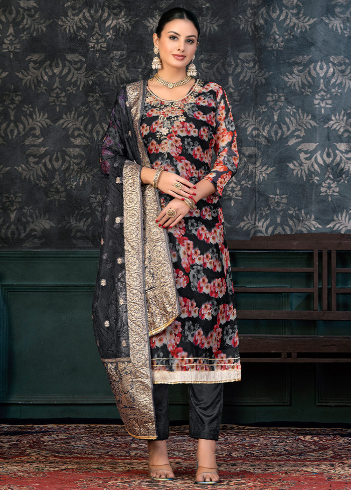 3 Pc Black Semi Stitched Organza Suit Set - Indian Silk House Agencies