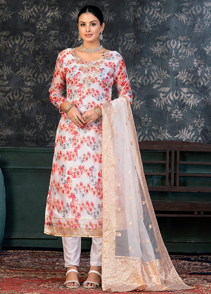 3 Pc Grey Semi Stitched Organza Suit Set - Indian Silk House Agencies