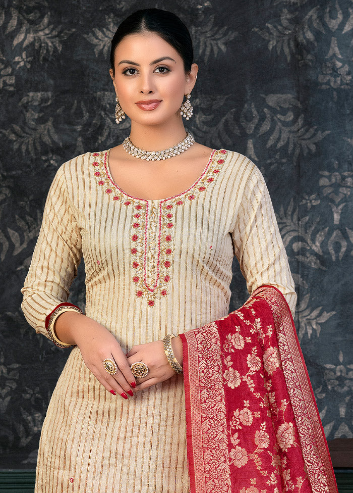 3 Pc Off White Semi Stitched Cotton Suit Set - Indian Silk House Agencies