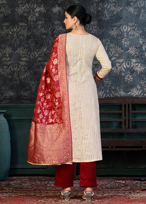 3 Pc Off White Semi Stitched Cotton Suit Set - Indian Silk House Agencies