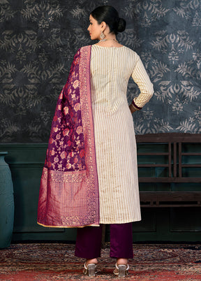3 Pc Off White Semi Stitched Cotton Suit Set - Indian Silk House Agencies