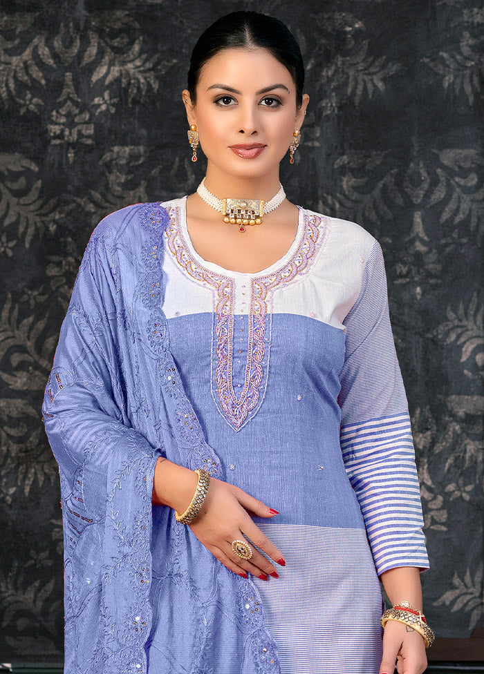3 Pc Blue Semi Stitched Cotton Suit Set - Indian Silk House Agencies