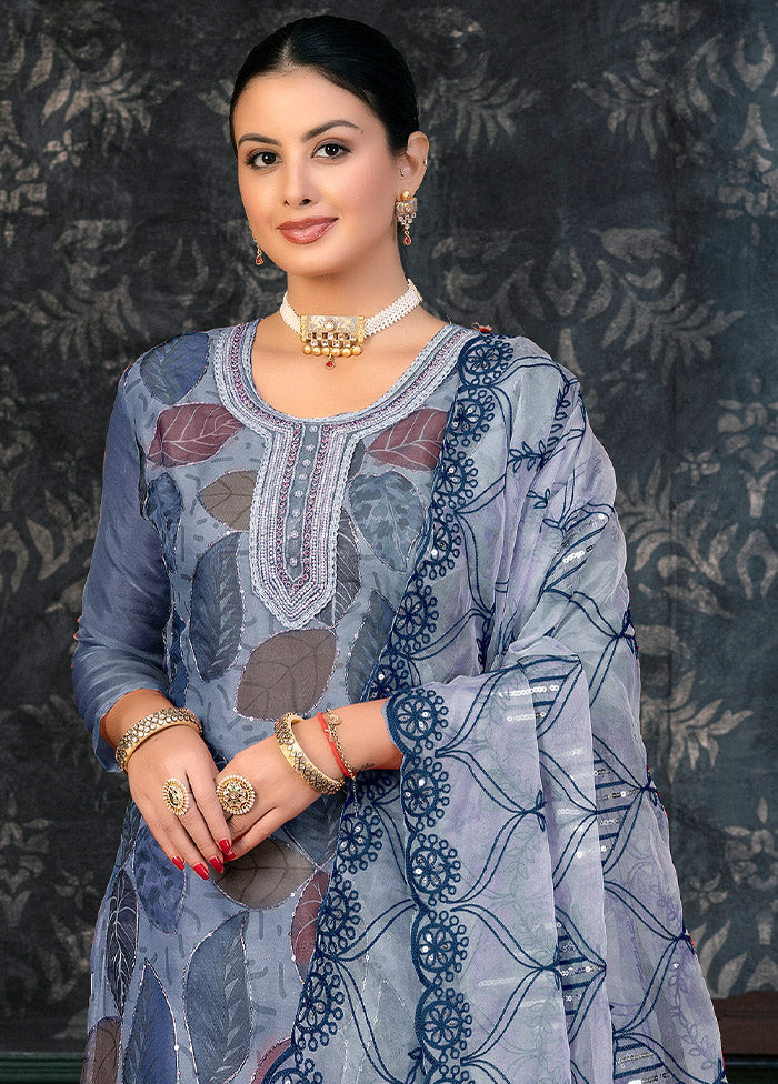 3 Pc Blue Semi Stitched Organza Suit Set - Indian Silk House Agencies