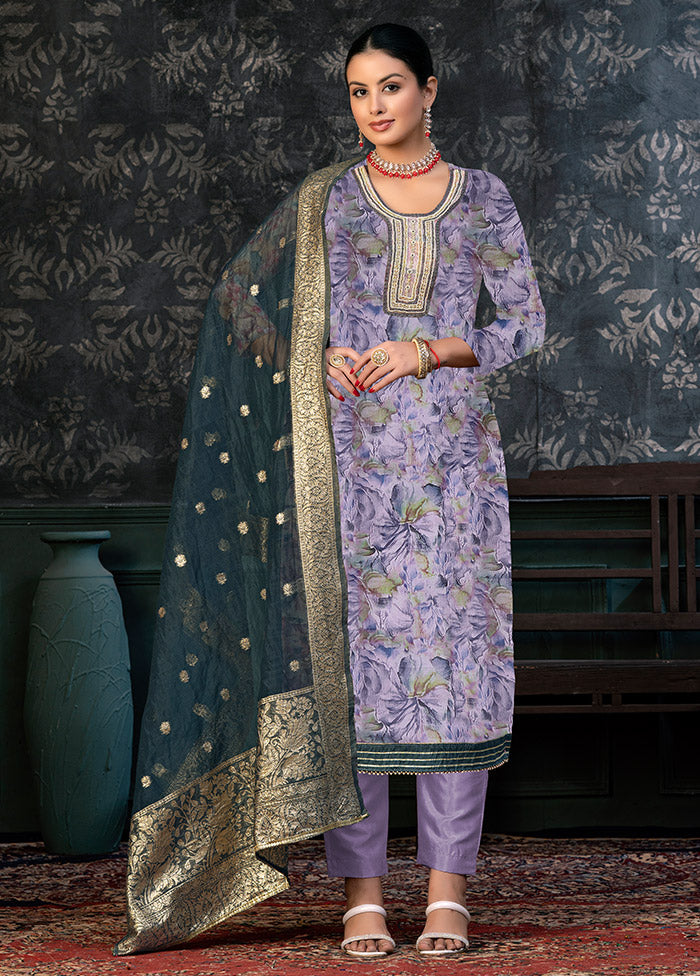 3 Pc Lavender Semi Stitched Organza Suit Set - Indian Silk House Agencies