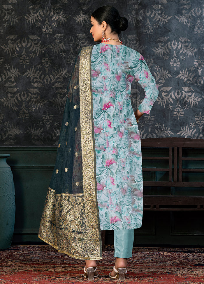3 Pc Teal Semi Stitched Organza Suit Set - Indian Silk House Agencies