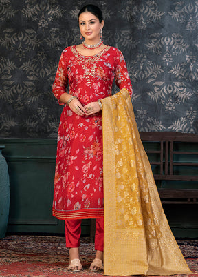 3 Pc Red Semi Stitched Organza Suit Set - Indian Silk House Agencies