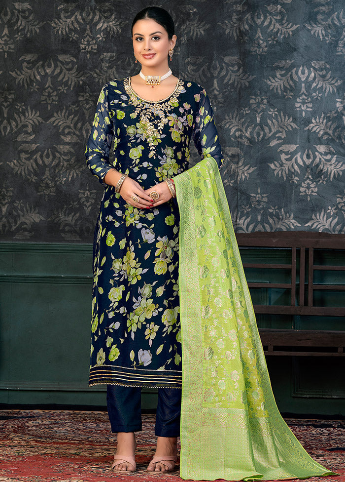 3 Pc Blue Semi Stitched Organza Suit Set - Indian Silk House Agencies