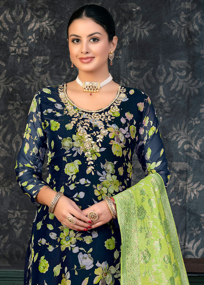 3 Pc Blue Semi Stitched Organza Suit Set - Indian Silk House Agencies