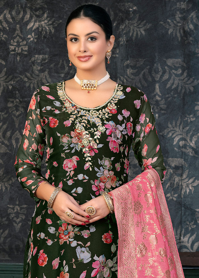 3 Pc Green Semi Stitched Organza Suit Set - Indian Silk House Agencies