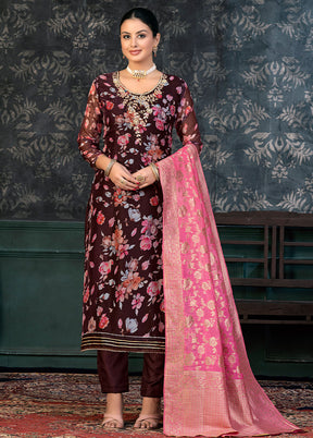 3 Pc Maroon Semi Stitched Organza Suit Set - Indian Silk House Agencies