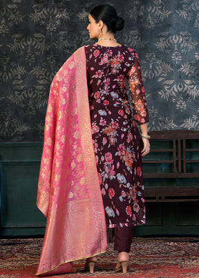 3 Pc Maroon Semi Stitched Organza Suit Set - Indian Silk House Agencies