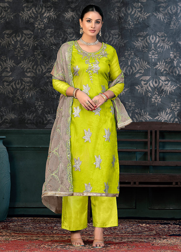 3 Pc Lime Green Semi Stitched Organza Suit Set - Indian Silk House Agencies