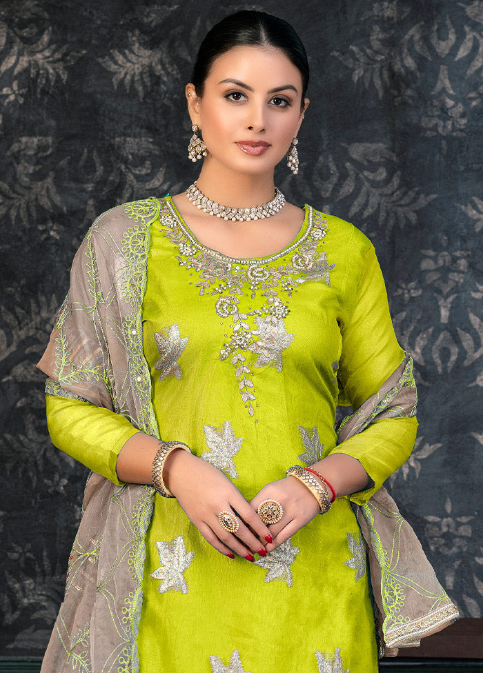3 Pc Lime Green Semi Stitched Organza Suit Set - Indian Silk House Agencies