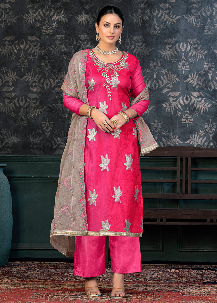 3 Pc Pink Semi Stitched Organza Suit Set - Indian Silk House Agencies