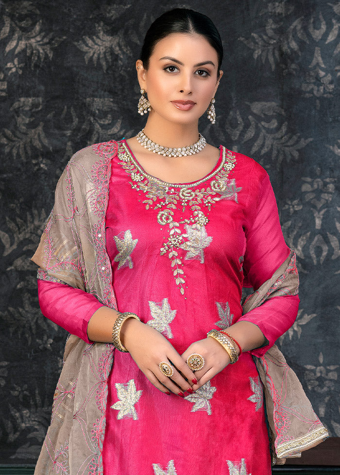 3 Pc Pink Semi Stitched Organza Suit Set - Indian Silk House Agencies