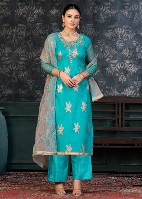 3 Pc Sky Blue Semi Stitched Organza Suit Set - Indian Silk House Agencies