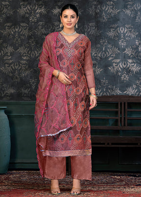 3 Pc Brown Semi Stitched Organza Suit Set - Indian Silk House Agencies