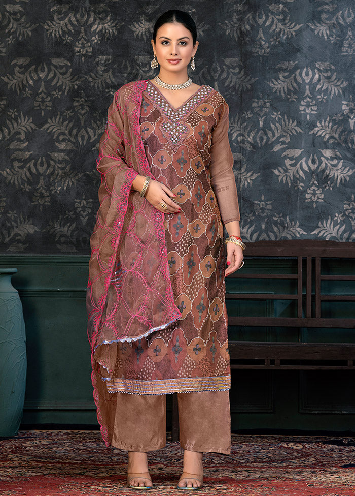 3 Pc Brown Semi Stitched Organza Suit Set - Indian Silk House Agencies