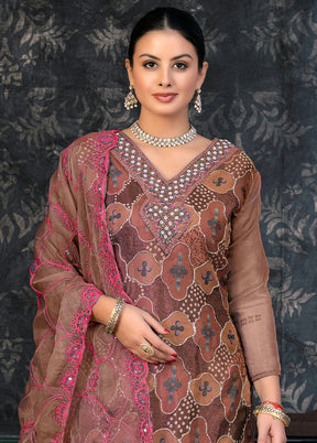 3 Pc Brown Semi Stitched Organza Suit Set - Indian Silk House Agencies