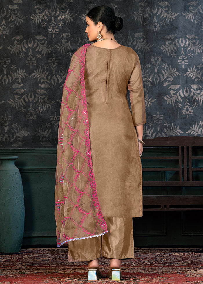3 Pc Coffee Semi Stitched Organza Suit Set - Indian Silk House Agencies