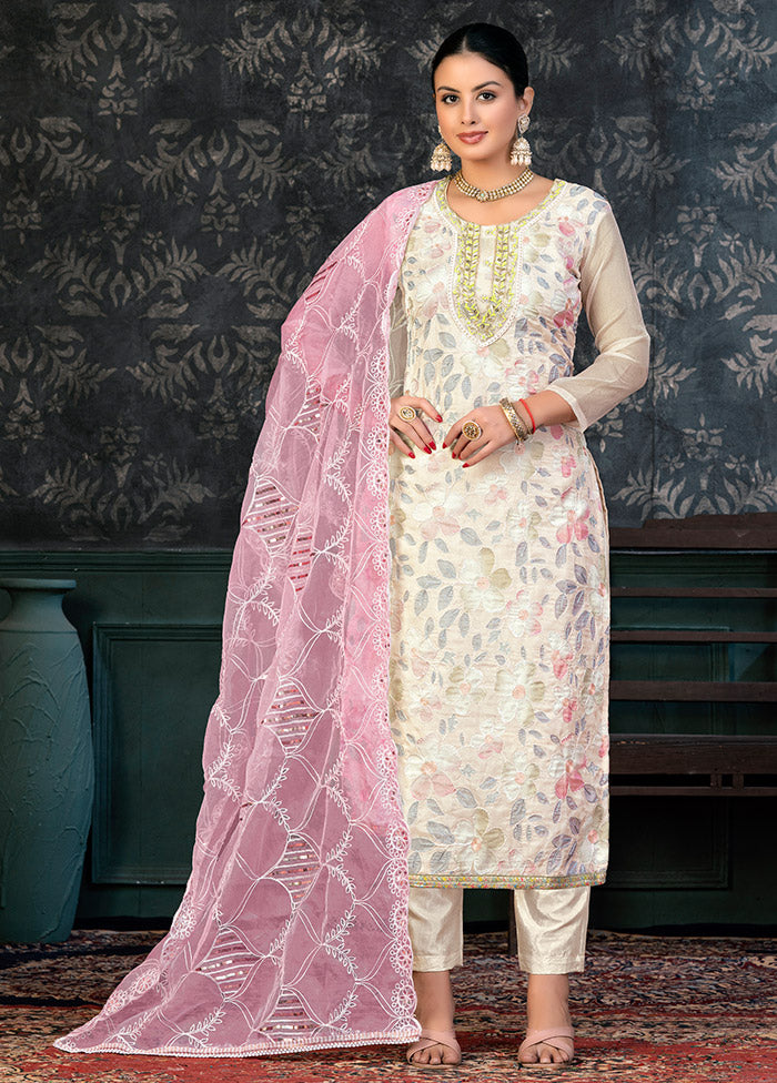 3 Pc White Semi Stitched Organza Suit Set - Indian Silk House Agencies