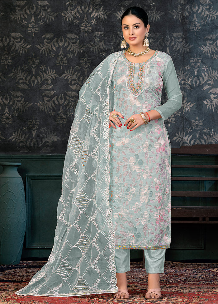 3 Pc Grey Semi Stitched Organza Suit Set - Indian Silk House Agencies
