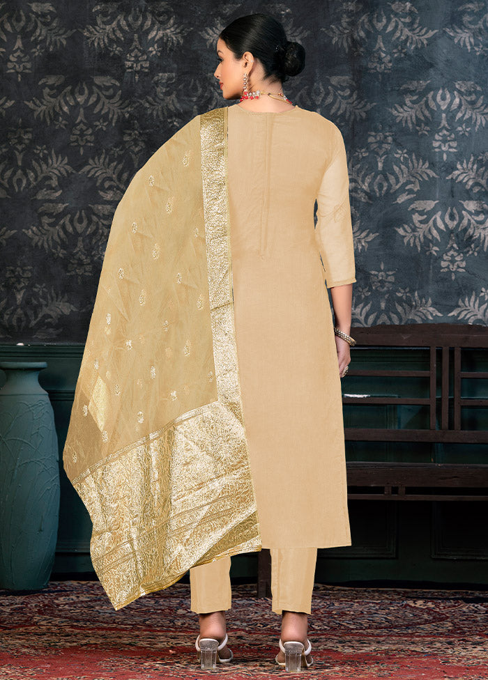 3 Pc Brown Semi Stitched Organza Suit Set - Indian Silk House Agencies