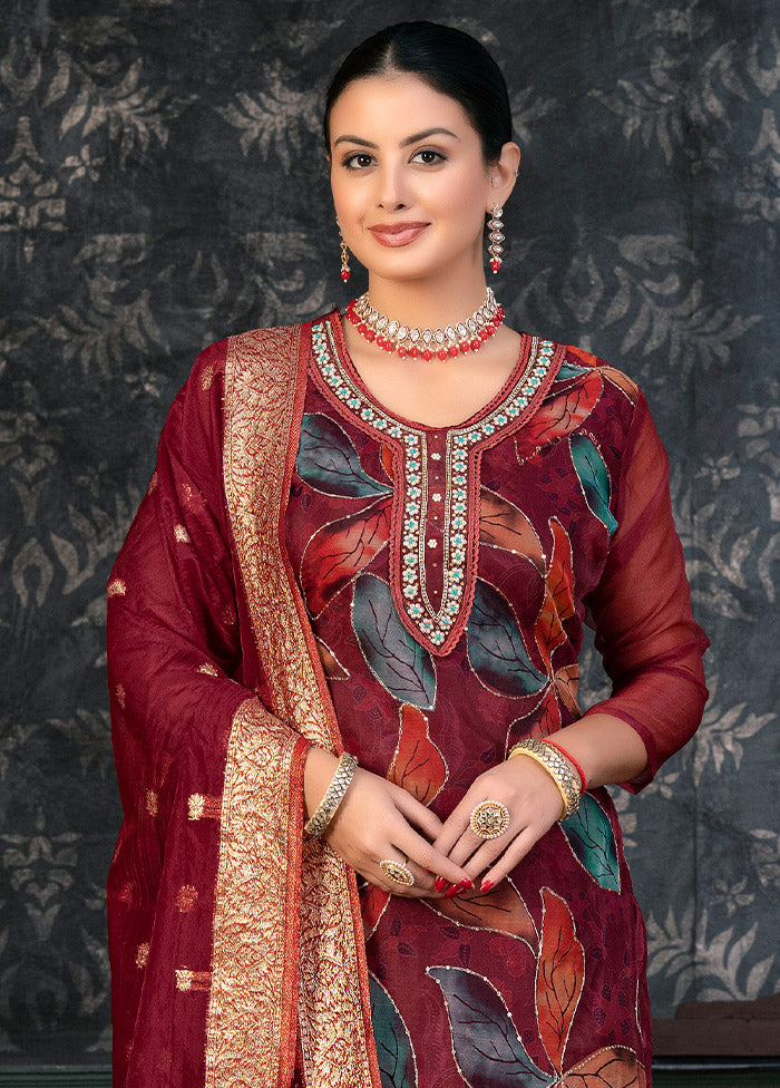 3 Pc Maroon Semi Stitched Organza Suit Set - Indian Silk House Agencies