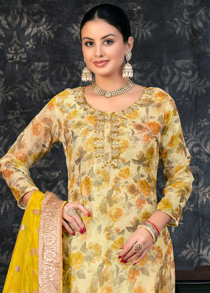 3 Pc Yellow Semi Stitched Organza Suit Set - Indian Silk House Agencies