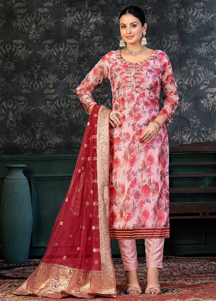 3 Pc Red Semi Stitched Organza Suit Set - Indian Silk House Agencies