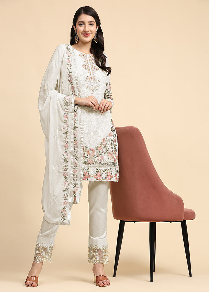 3 Pc White Semi Stitched Georgette Suit Set - Indian Silk House Agencies
