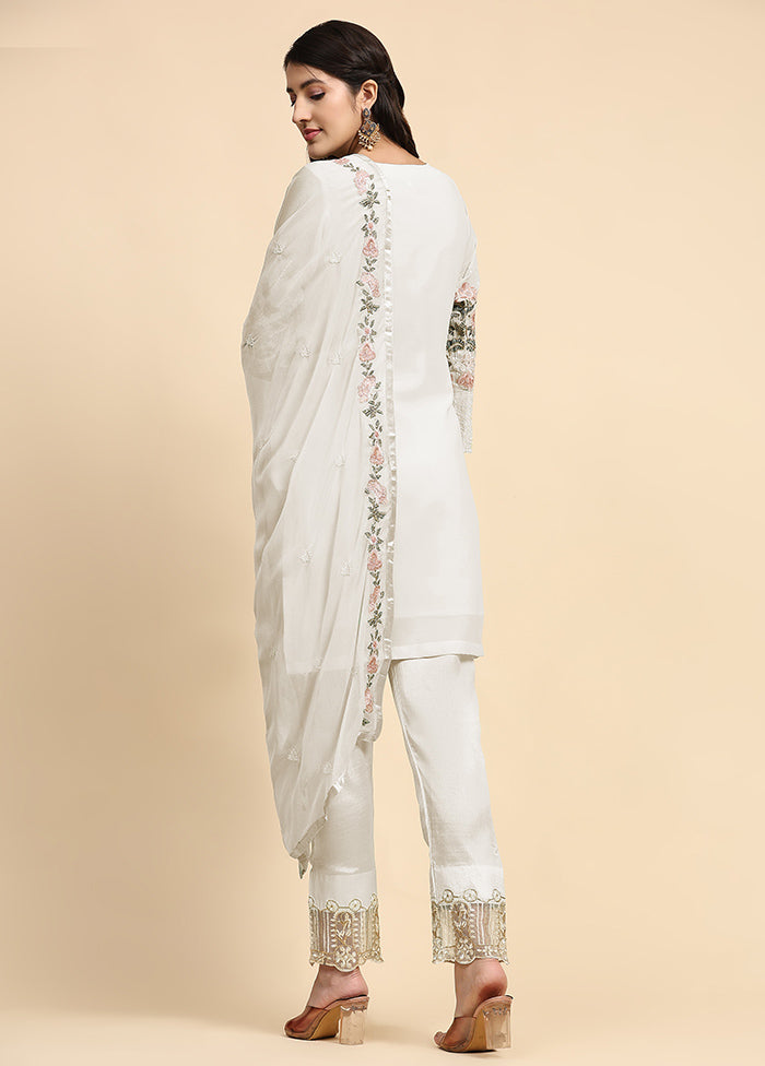 3 Pc White Semi Stitched Georgette Suit Set - Indian Silk House Agencies