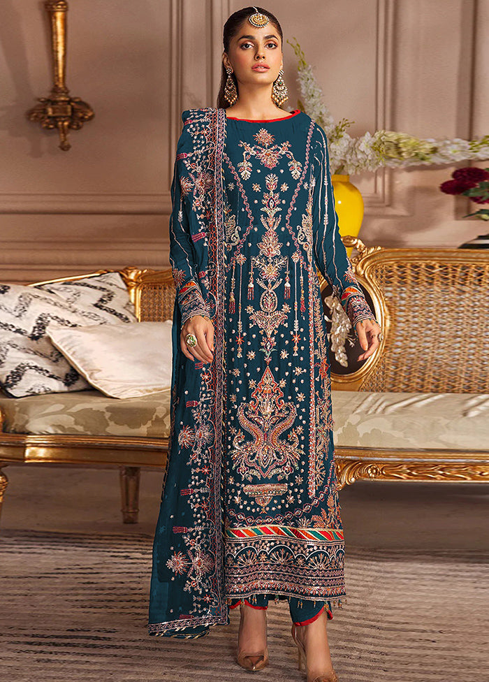 3 Pc Aqua Semi Stitched Georgette Suit Set - Indian Silk House Agencies
