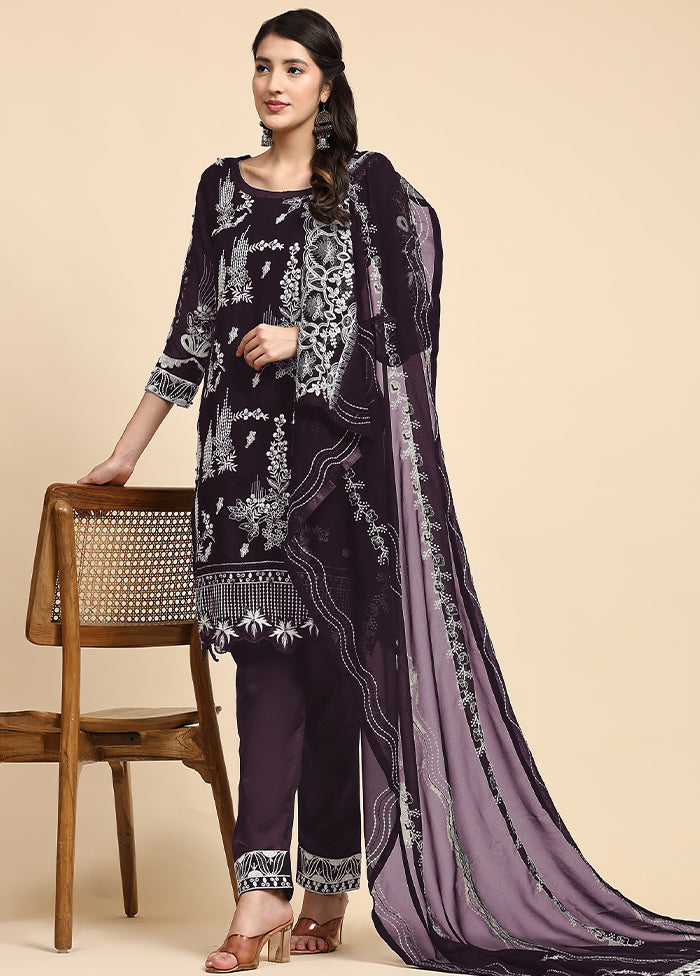 3 Pc Purple Semi Stitched Georgette Suit Set - Indian Silk House Agencies
