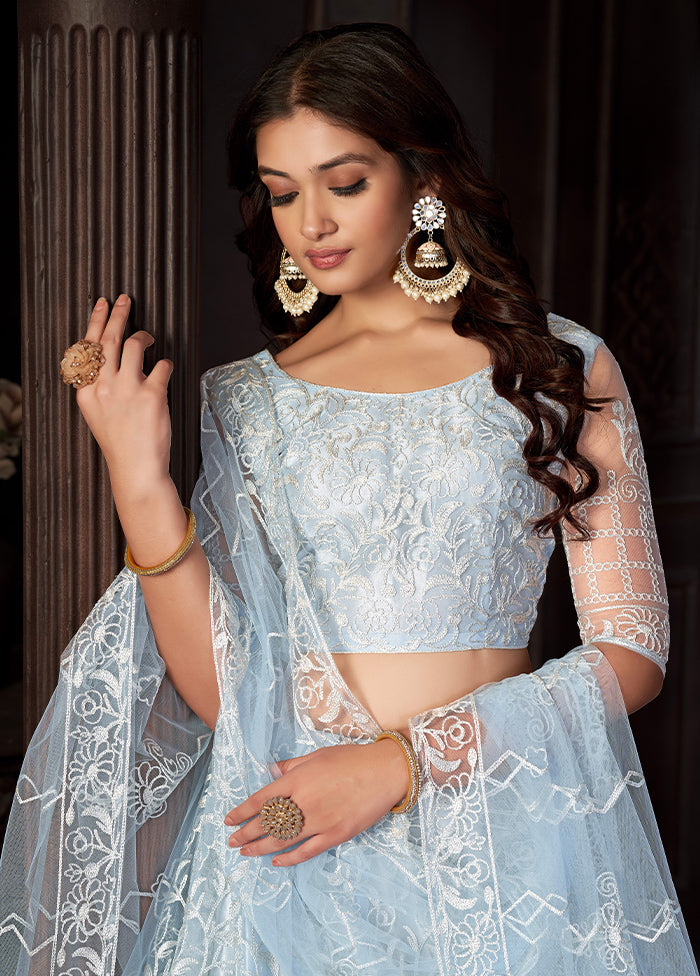 3 Pc Sky Blue Net Semi Stitched Lehenga Set - Indian Silk House Agencies