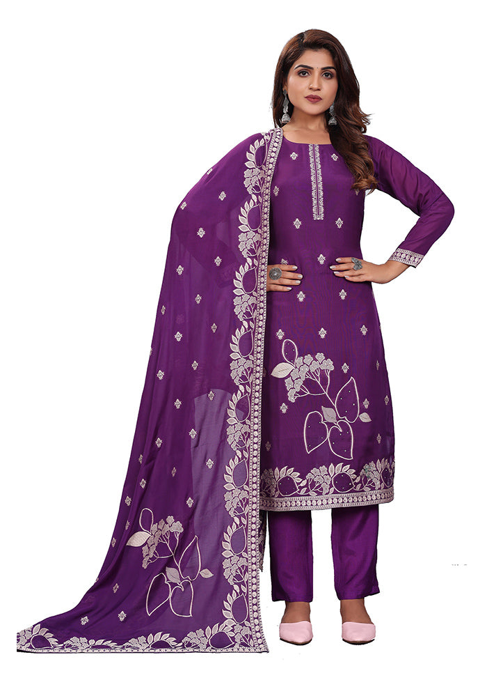 3 Pc Purple Readymade Viscose Suit Set - Indian Silk House Agencies