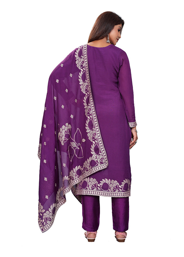 3 Pc Purple Readymade Viscose Suit Set - Indian Silk House Agencies