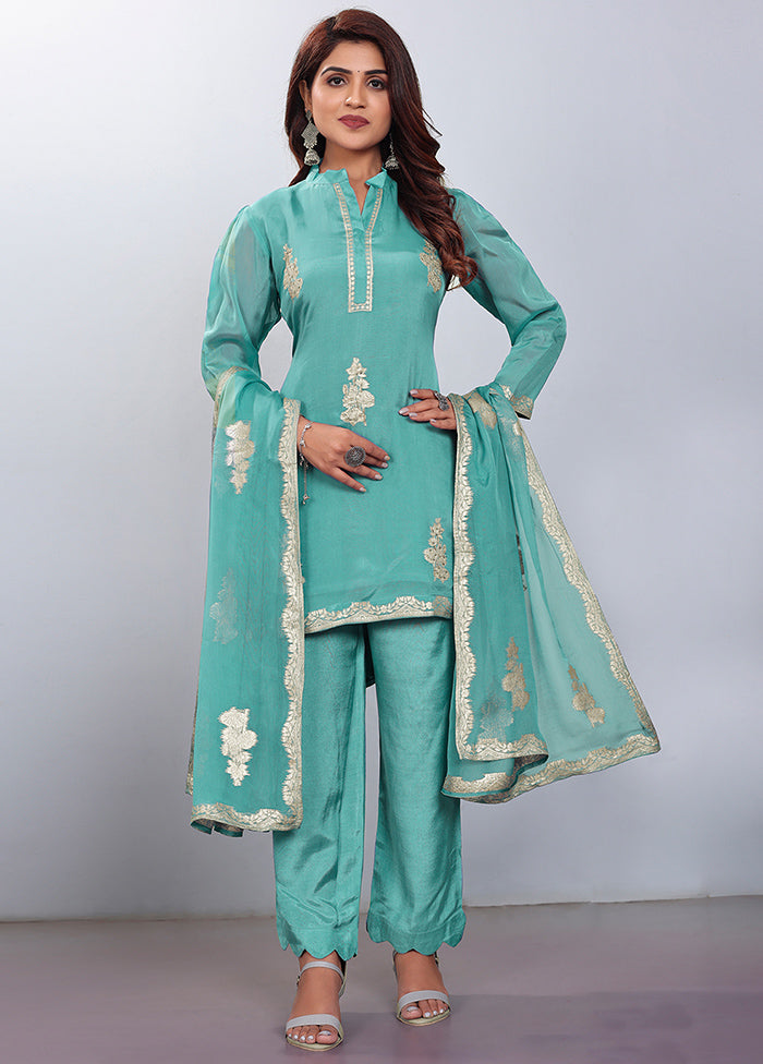 3 Pc Sea Green Readymade Viscose Suit Set - Indian Silk House Agencies