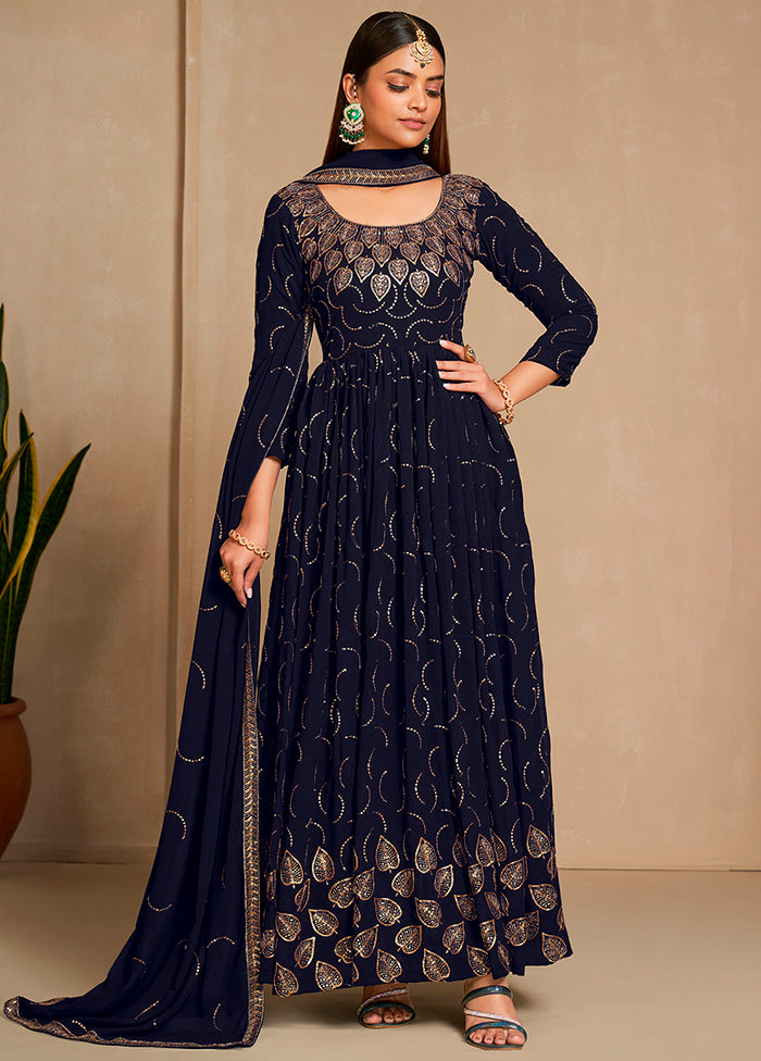 Navy Blue Semi Stitched Georgette Indian Dress - Indian Silk House Agencies